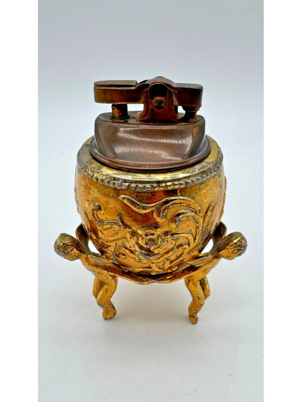 Vintage Japan Ornate Floral Gold Tone Figural Tripod Table Lighter